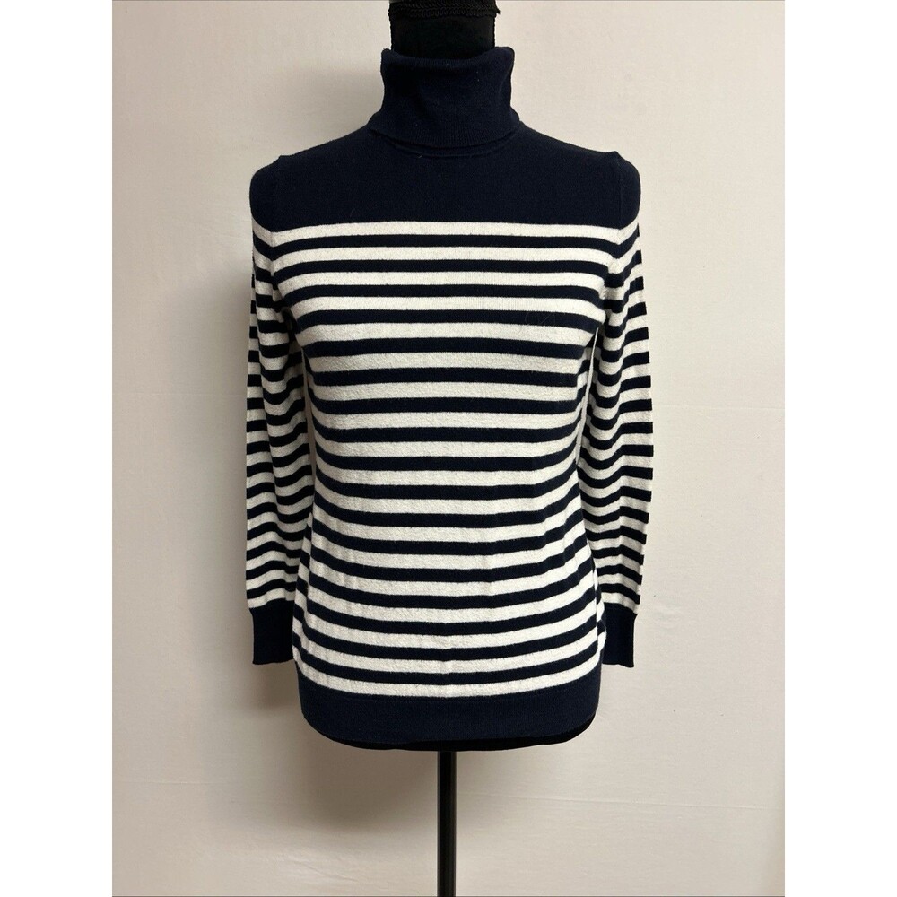 Talbots Womens SP Sweater Navy White Striped Turtleneck Long Sleeve